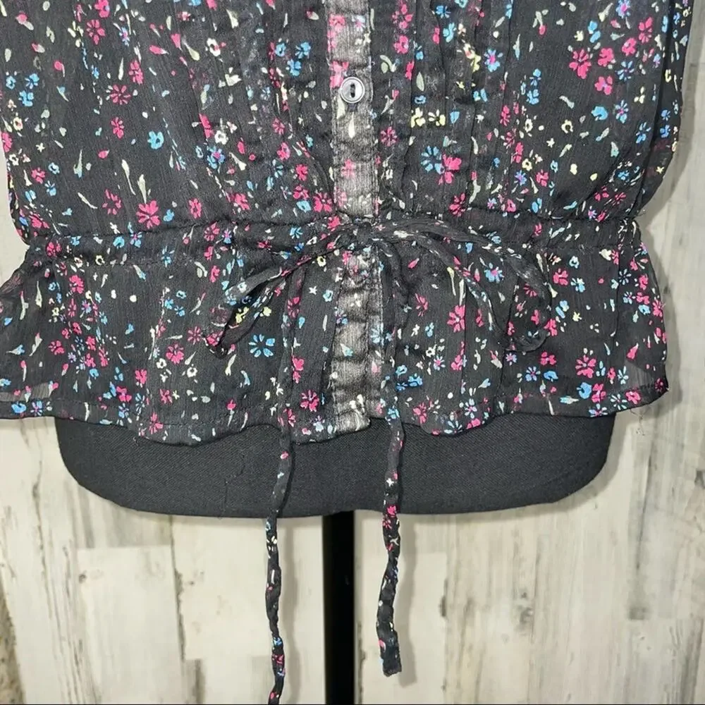 Decree Floral Top Drop Drawstring Waist Short Sleeved Blouse Pleated Women’s L - Picture 5 of 6